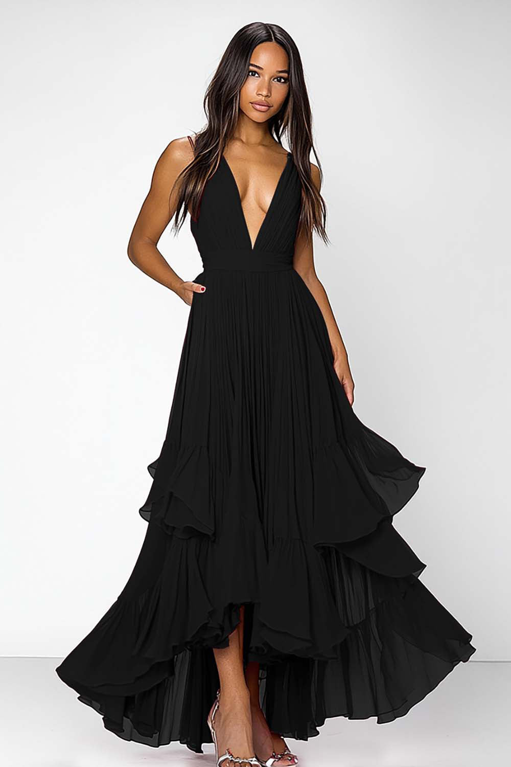 Black Deep V Neck Ruched Ruffles A Line Formal Dress
