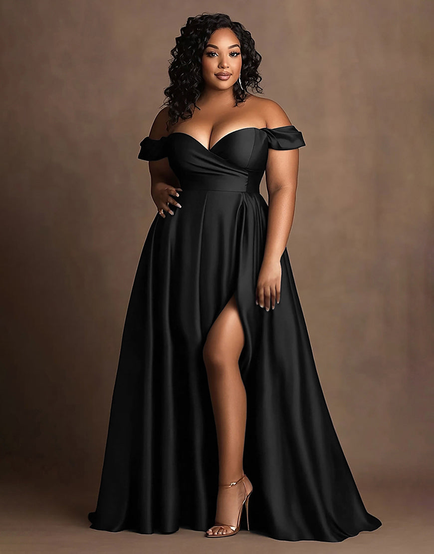 Plus Size Navy Off The Shoulder Satin Long Formal Dress with Slit