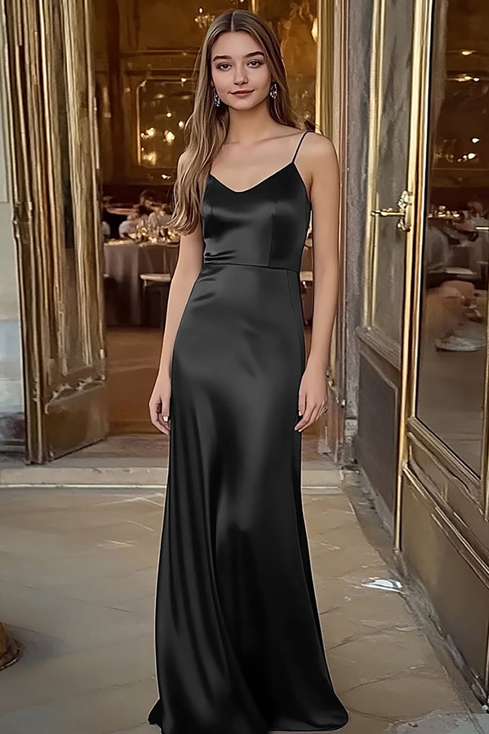 Black Satin Spaghetti Straps Sheath Long Formal Dress