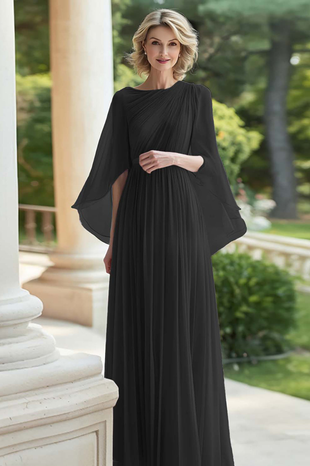 Black Pleated A Line Chiffon Mother of the Bride Dress with Sleeves