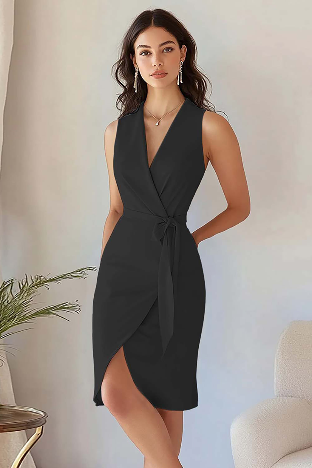 Black Bodycon Satin V Neck Midi Work Dress with Sash