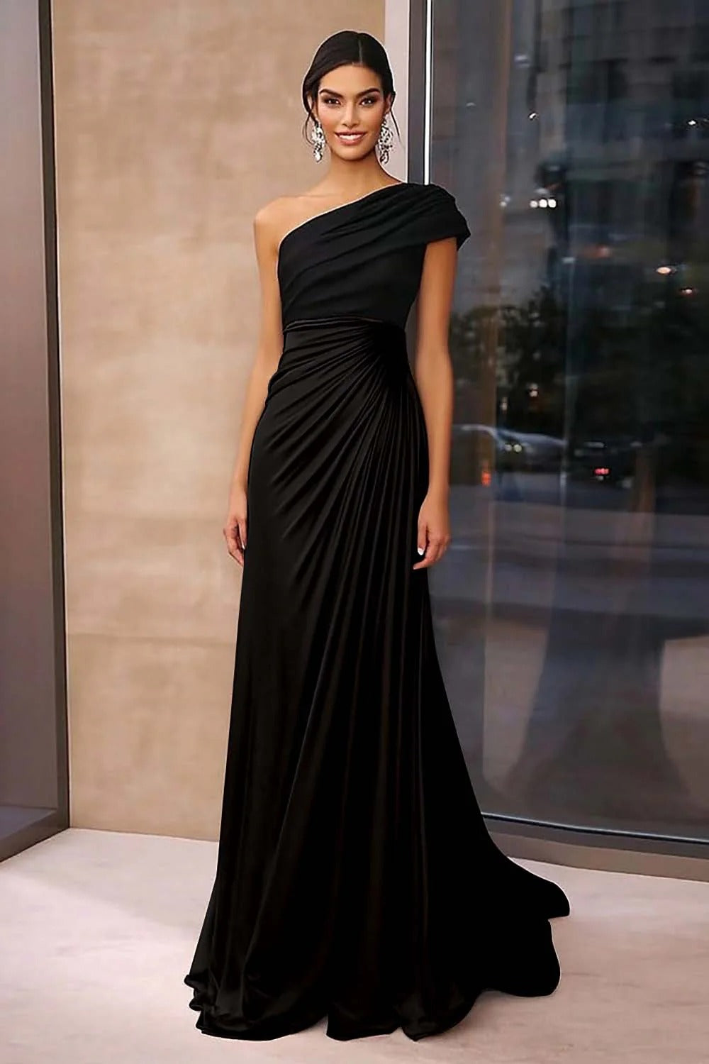 Brown Black Crepe Sheath Ruched One Shoulder Gala Dress