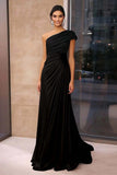 Brown Black Crepe Sheath Ruched One Shoulder Gala Dress