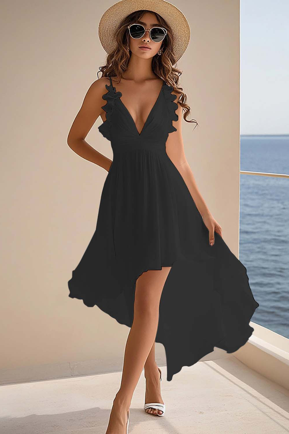 Black Chiffon A Line Ruffled V Neck High-Low Graduation Dress