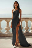 Black Chiffon One Shoulder Maxi Sheath Boho Formal Dress with Slit