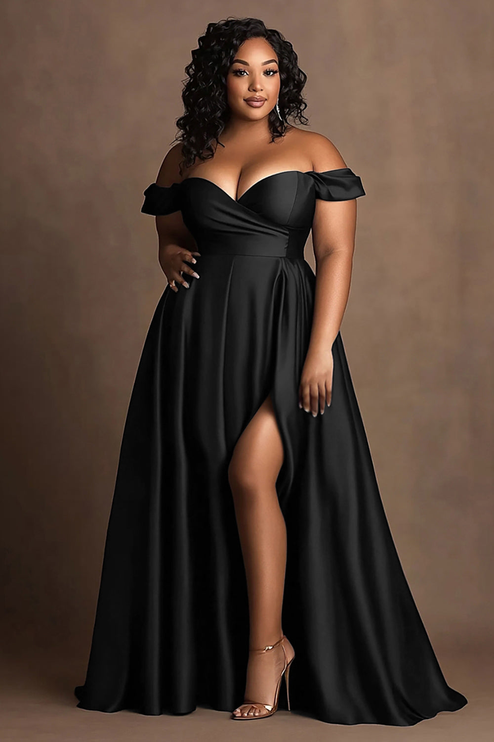 Plus Size Black Satin Off The Shoulder Long Formal Dress with Slit