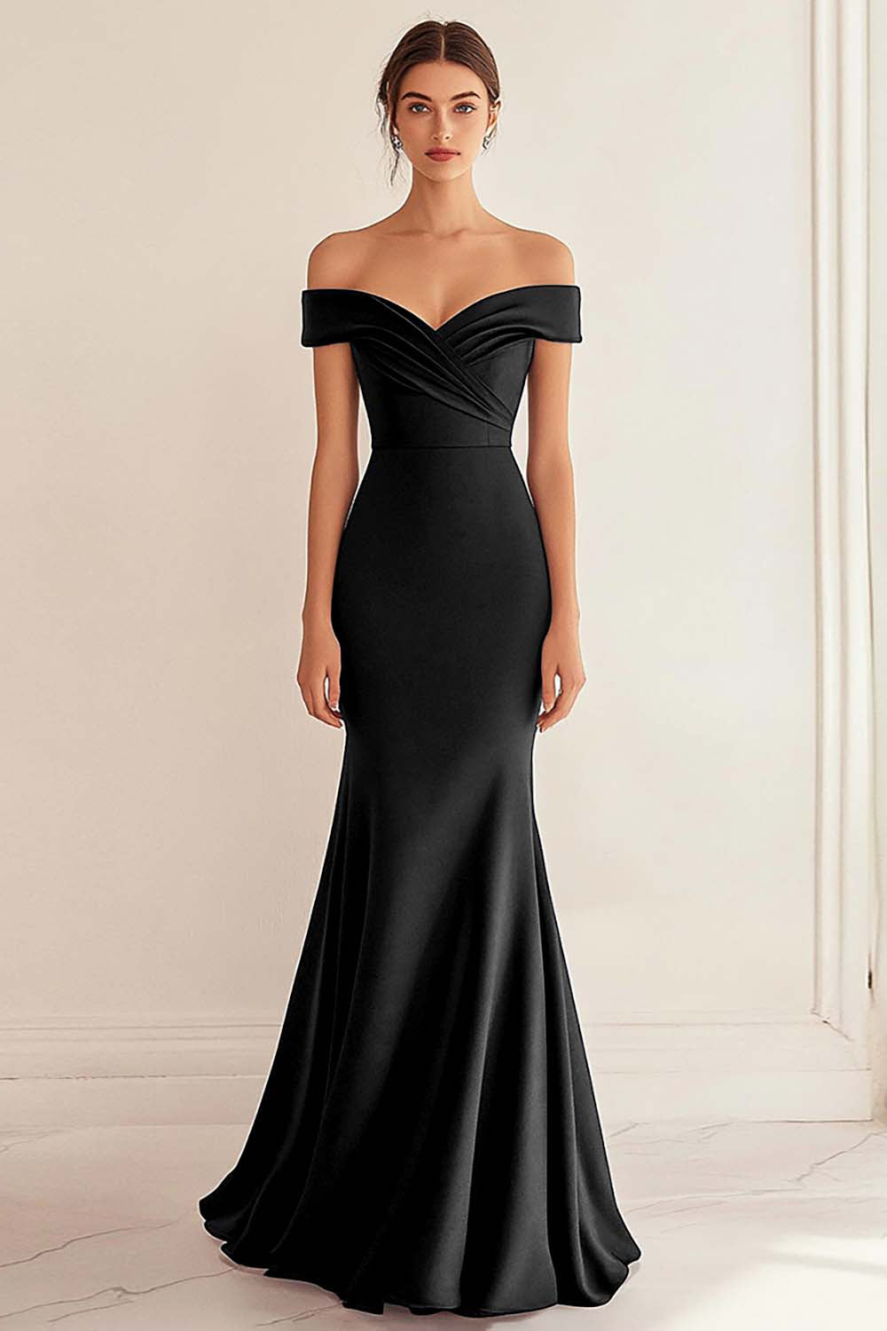 Black Satin Long Off the Shoulder Mermaid Ruched Formal Dress