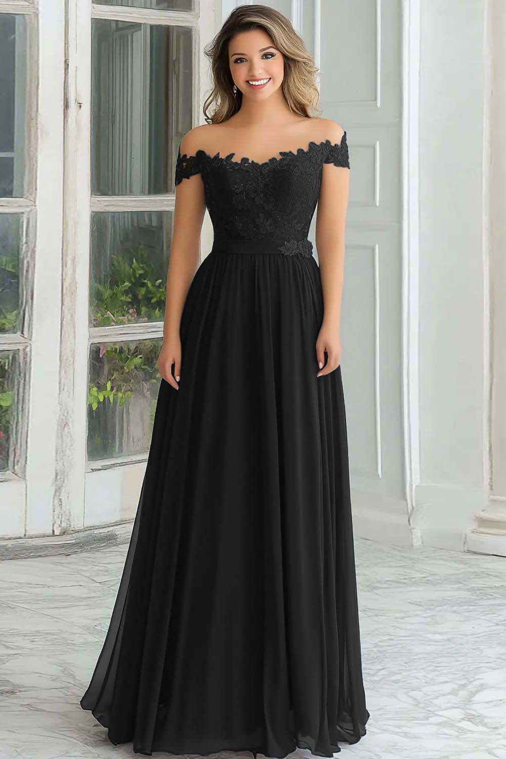Elegant A-Line Navy Off the Shoulder Chiffon Long Mother Of the Bride Dress with Lace Appliques