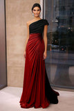 Brown Black Crepe Sheath Ruched One Shoulder Gala Dress