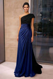 Brown Black Crepe Sheath Ruched One Shoulder Gala Dress