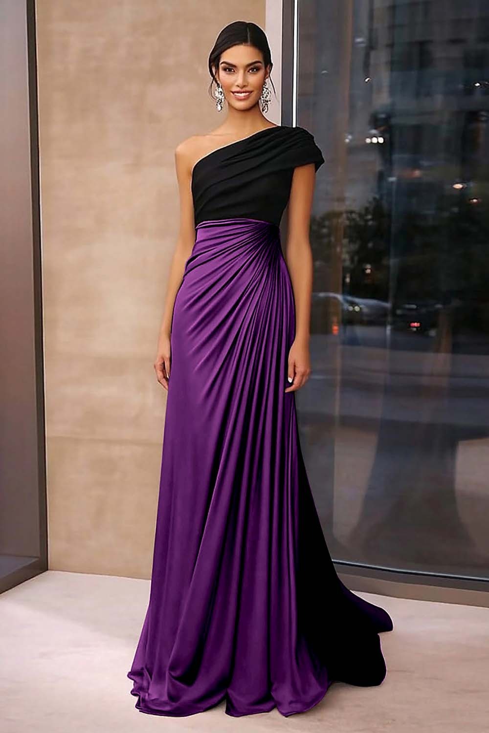 Brown Black Crepe Sheath Ruched One Shoulder Gala Dress