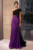 Brown Black Crepe Sheath Ruched One Shoulder Gala Dress