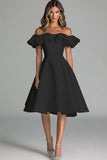Black Off The Shoulder A Line Midi Cocktail Dress With Ruffles