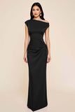 Black Satin Sheath Ruched One Shoulder Long Formal Dress