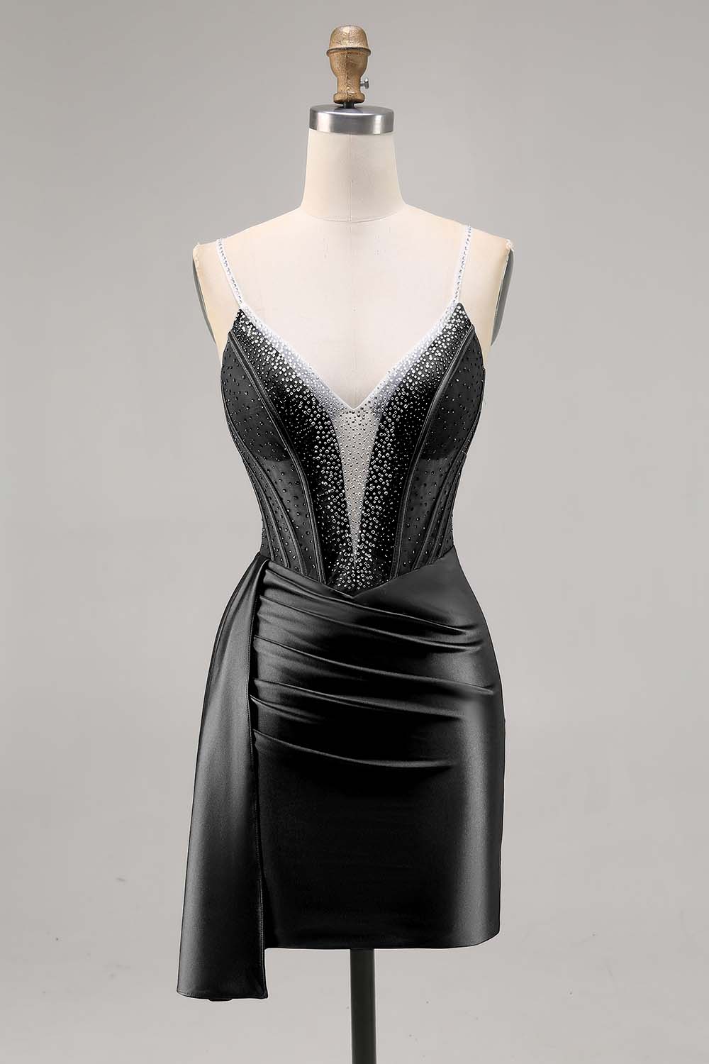 Sparkly Navy Satin Beaded Corset Short Cocktail Dress with Sash