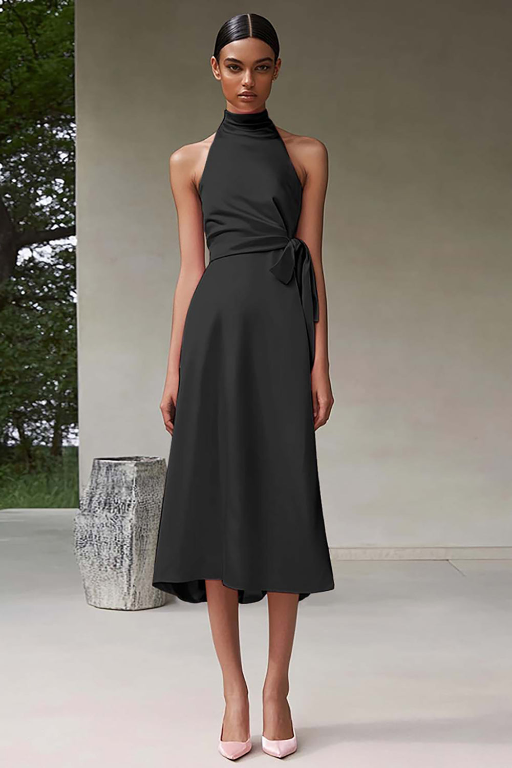 Black Satin A Line High Neck Sleeveless Midi Formal Dress