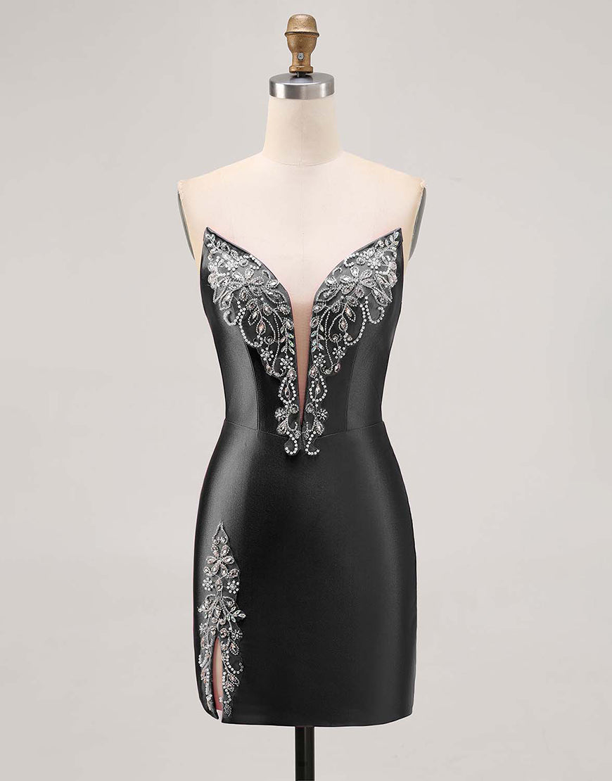 Sparkly Fuchsia Strapless Beaded Bodycon Short Cocktail Dress with Slit
