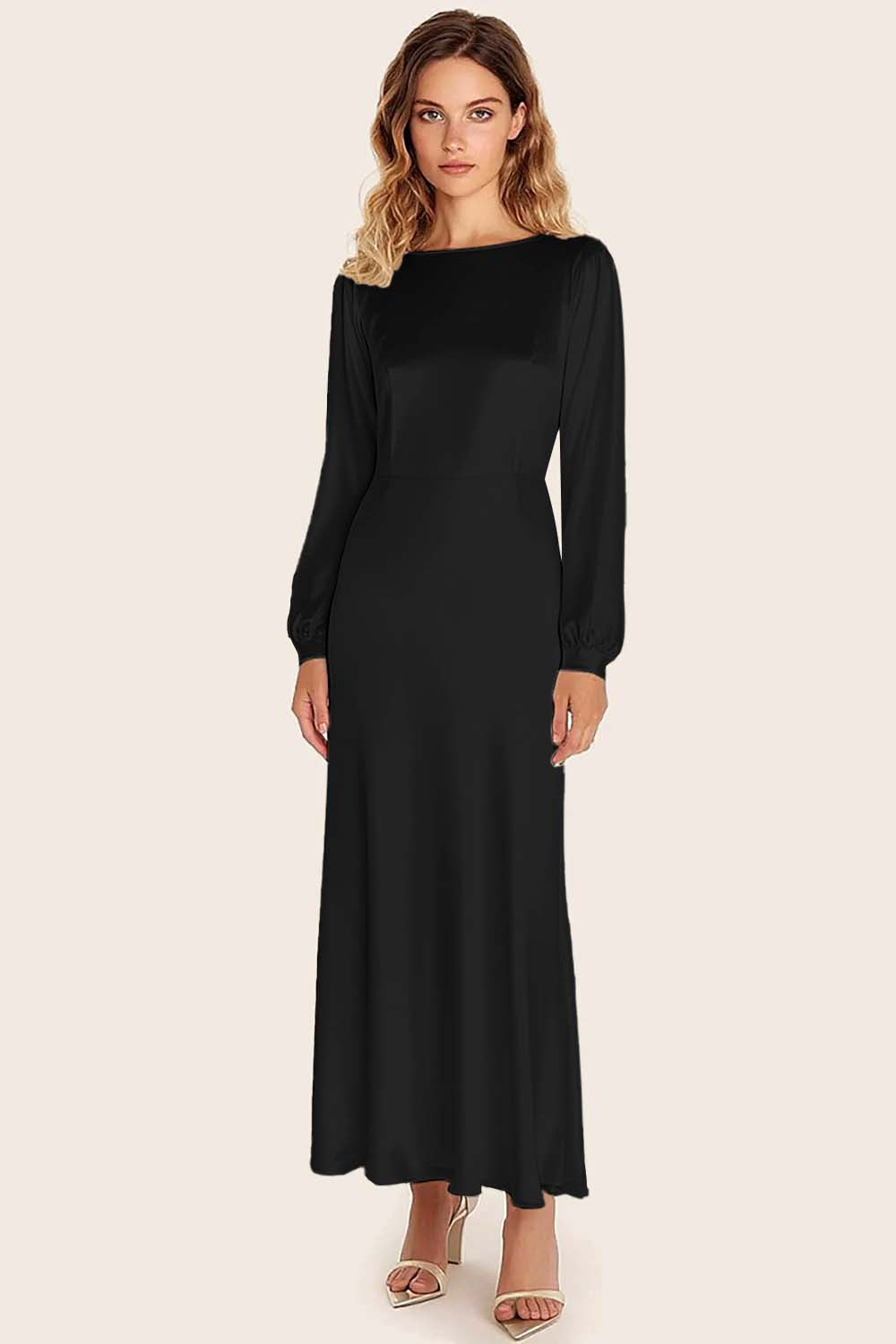 Black Satin Boat Neck A-Line Long Formal Dress with Long Sleeves