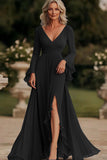 Dark Grey Mermaid Wrap Long Sleeves Ruffled Chiffon Long Mother of the Bride Dress