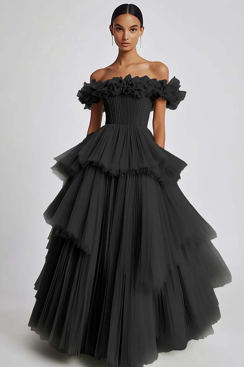 Black Tulle Off The Shoulder Ball Gown Long Formal Dress with Ruffles