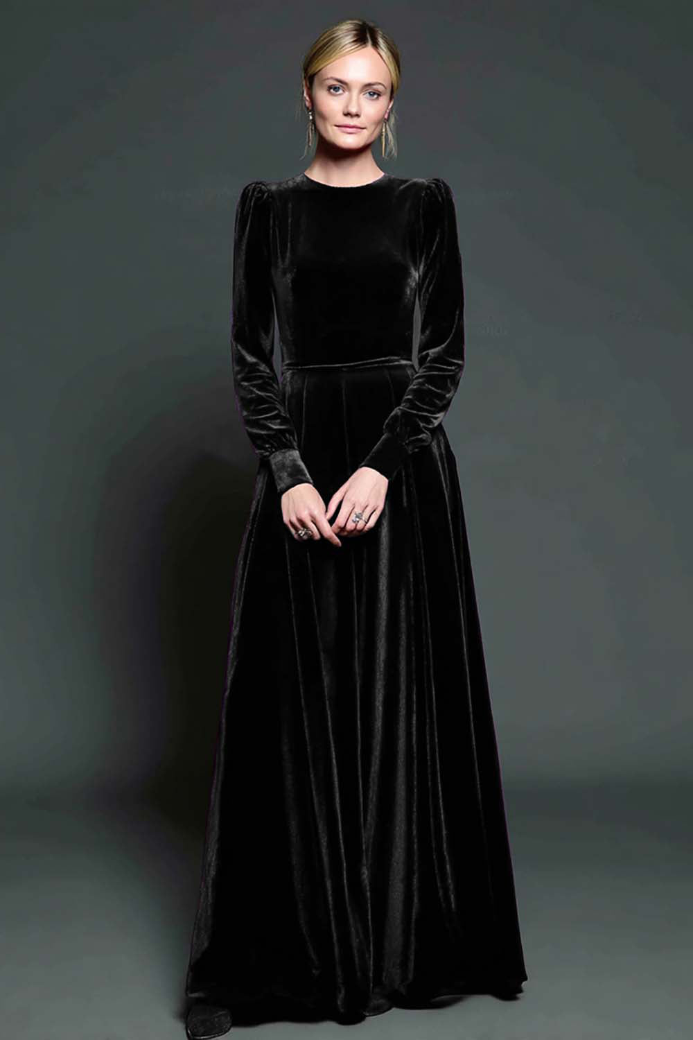Dark Purple A Line Velvet Long Formal Dress with Sleeves
