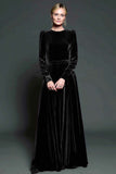 Dark Purple A Line Velvet Long Formal Dress with Sleeves