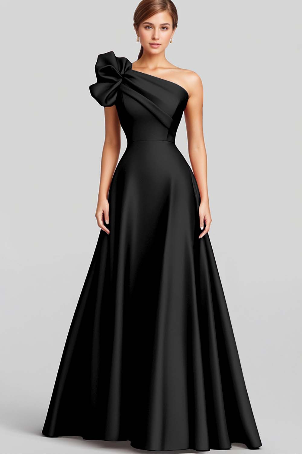 Black A-Line Ruffled One Shoulder Satin Long Formal Dress
