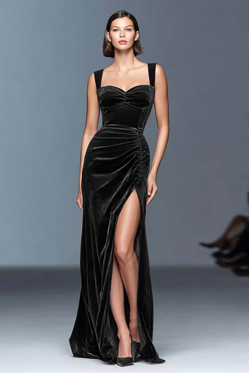 Black Velvet Sheath Ruched Long Formal Dress with Slit