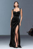 Black Velvet Sheath Ruched Long Formal Dress with Slit