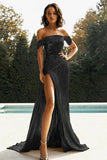 Gold Off The Shoulder Sheath Metallic Formal Dress With Slit