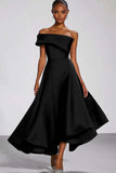 One Shoulder Navy Satin A Line Long Formal Dress