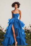 Navy Ball Gown Sweetheart Ruffled Long Formal Dress with Front Slit