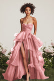Navy Ball Gown Sweetheart Ruffled Long Formal Dress with Front Slit