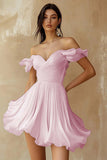 White Chiffon A Line Ruffled Off the Shoulder Pleated Short Graduation Dress