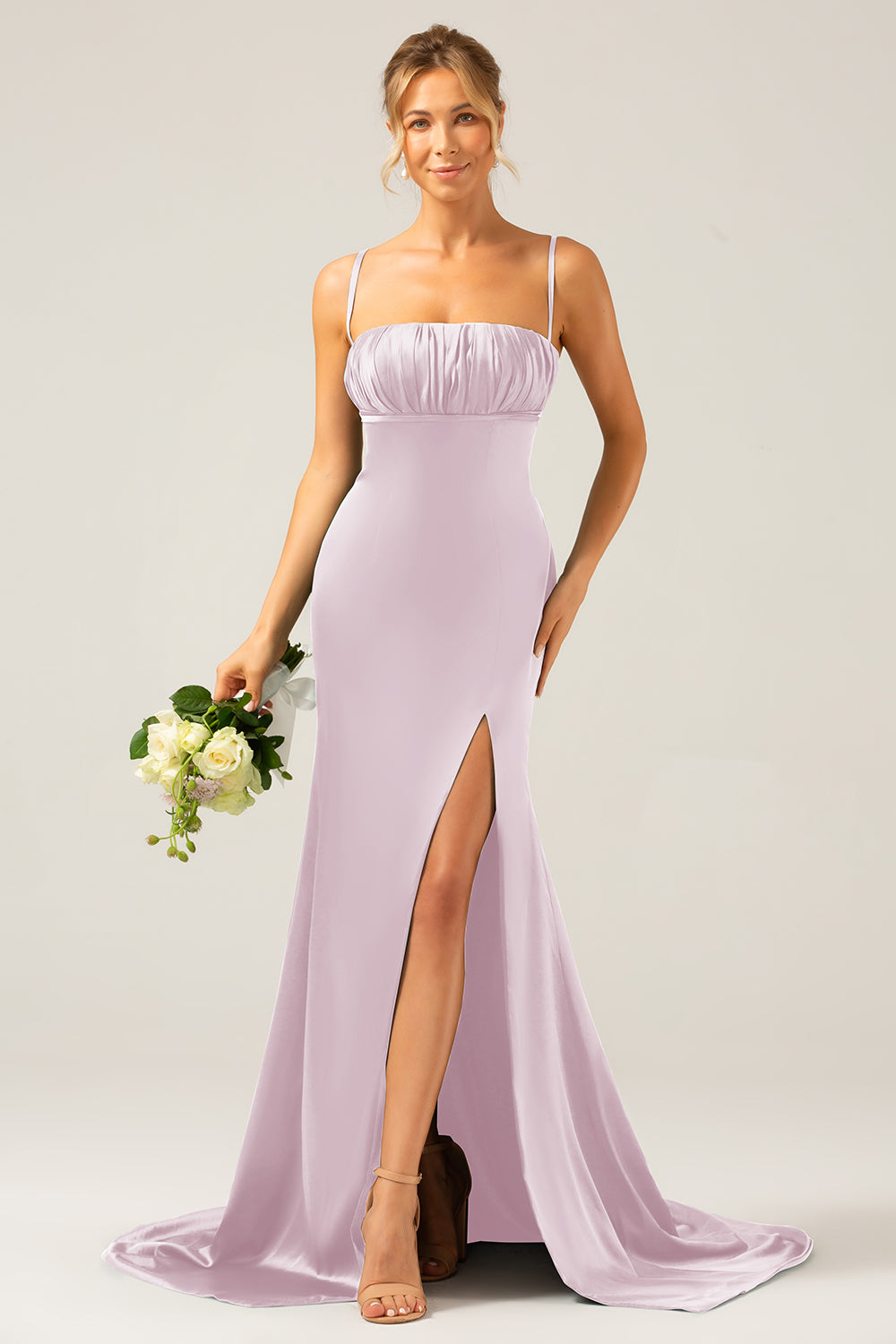 Mermaid Dusty Sage Spaghetti Straps Satin Formal Dress with Slit