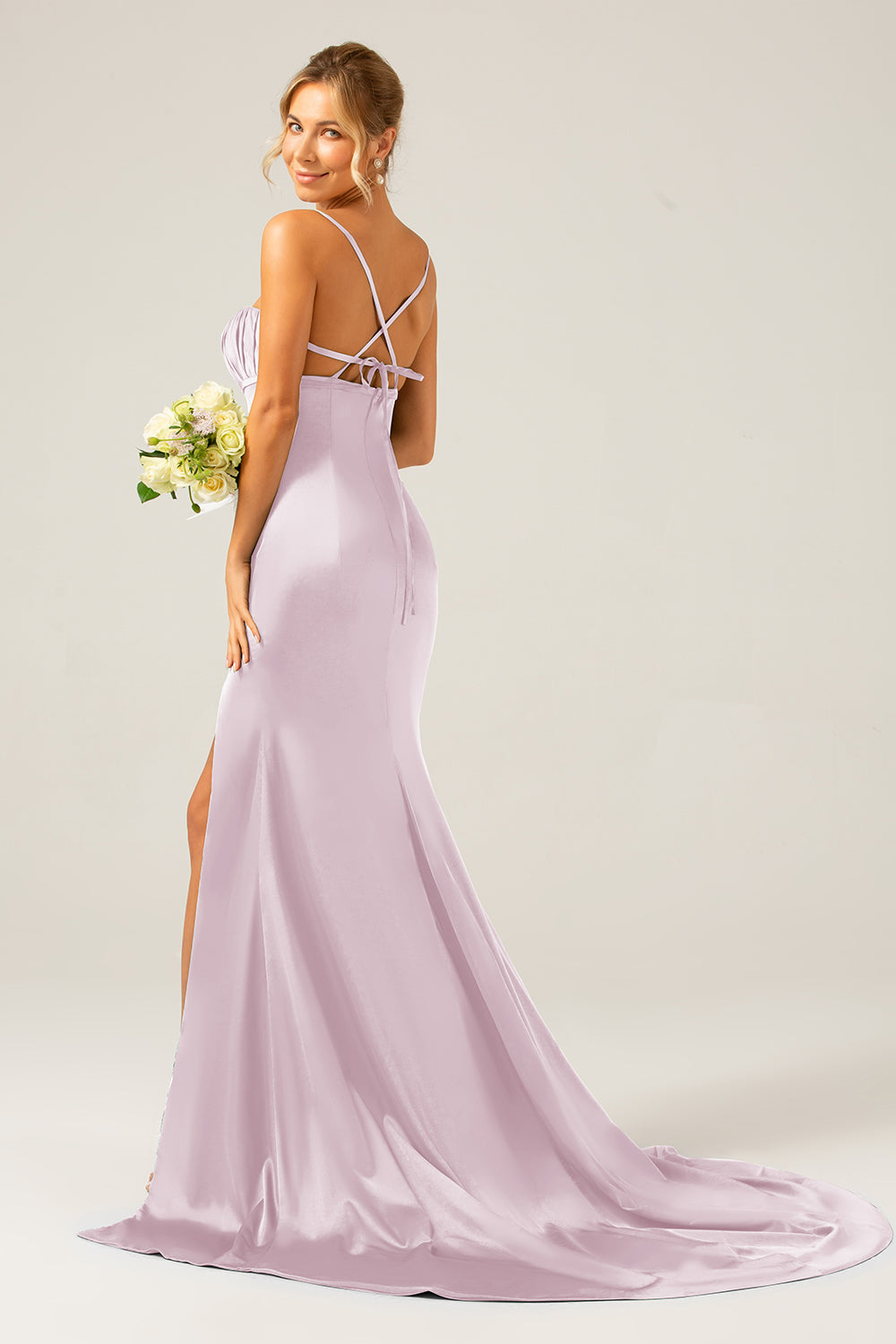 Mermaid Dusty Sage Spaghetti Straps Satin Formal Dress with Slit