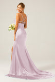 Mermaid Dusty Sage Spaghetti Straps Satin Formal Dress with Slit