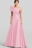 Black A-Line Ruffled One Shoulder Satin Long Formal Dress