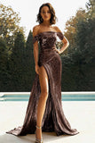 Gold Off The Shoulder Sheath Metallic Formal Dress With Slit