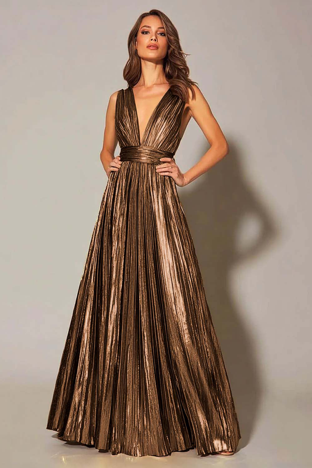 Golden Metallic A Line Pleated Formal Dress