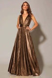 Golden Metallic A Line Pleated Formal Dress