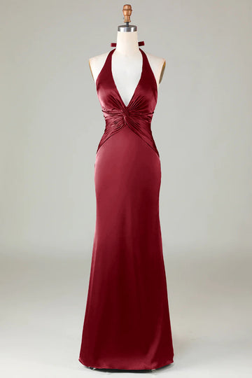 ZAPAKA Women Burgundy Bridesmaid Dress Mermaid Halter Satin Ruched Long Wedding Guest Dress