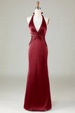 Mermaid Halter Burgundy Satin Long Bridesmaid Dress