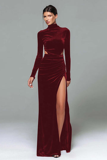 Burgundy Velvet High Neck Long Sleeves Formal Dress with Slit