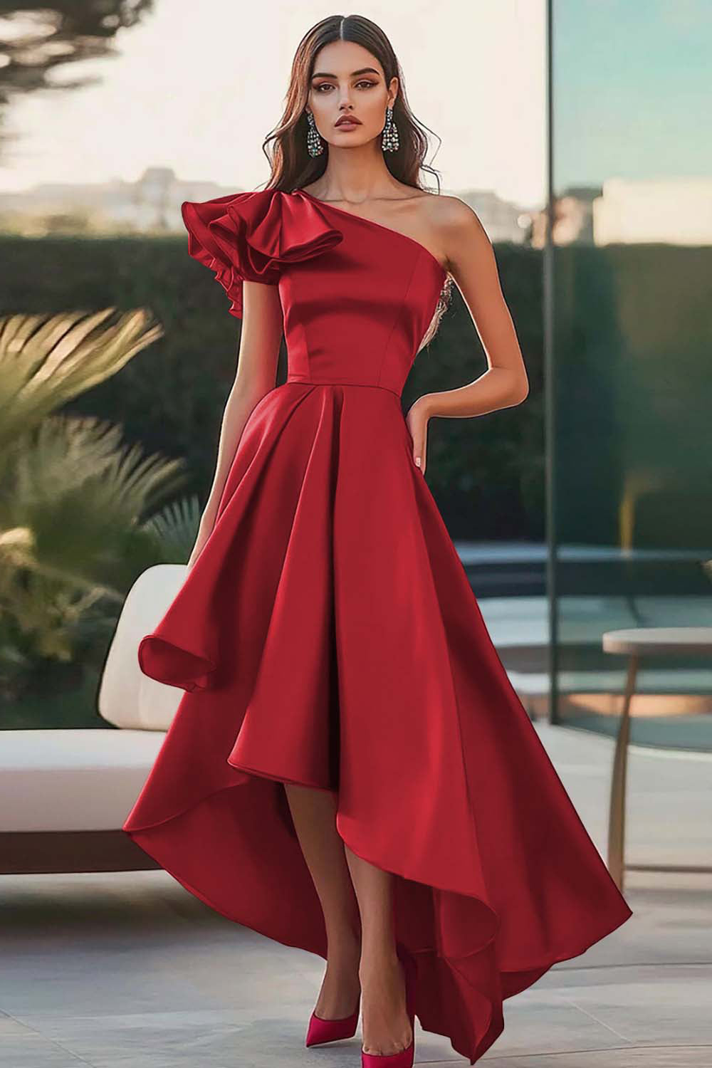 Burgundy Satin One Shoulder High-Low Ruffled A Line Formal Dress