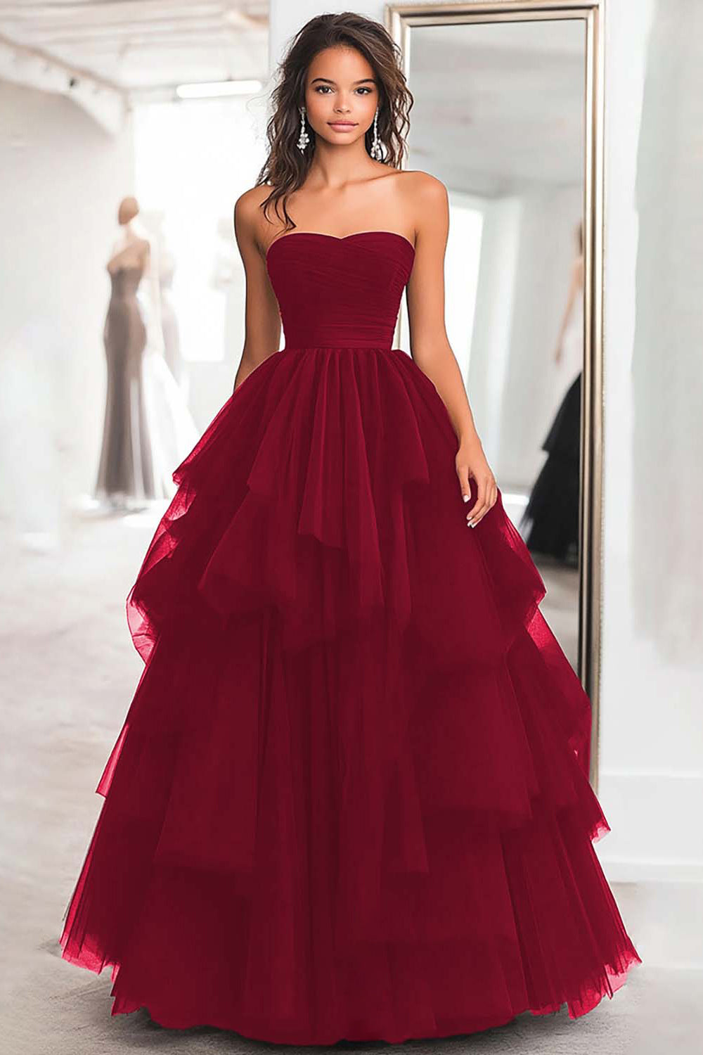 Black Ball Gown Strapless Tulle Tiered Long Formal Dress