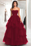 Black Ball Gown Strapless Tulle Tiered Long Formal Dress