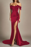 Black Mermaid Off the Shoulder Satin Formal Dress with Slit