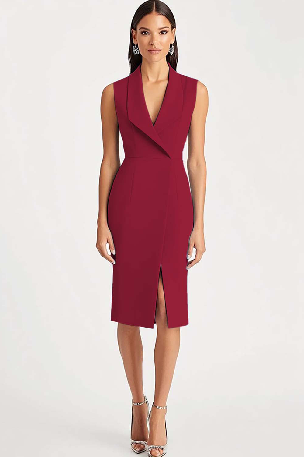 Black Shawl Lapel Satin Midi Work Dress with Slit