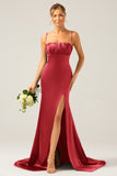 Mermaid Dusty Sage Spaghetti Straps Satin Formal Dress with Slit